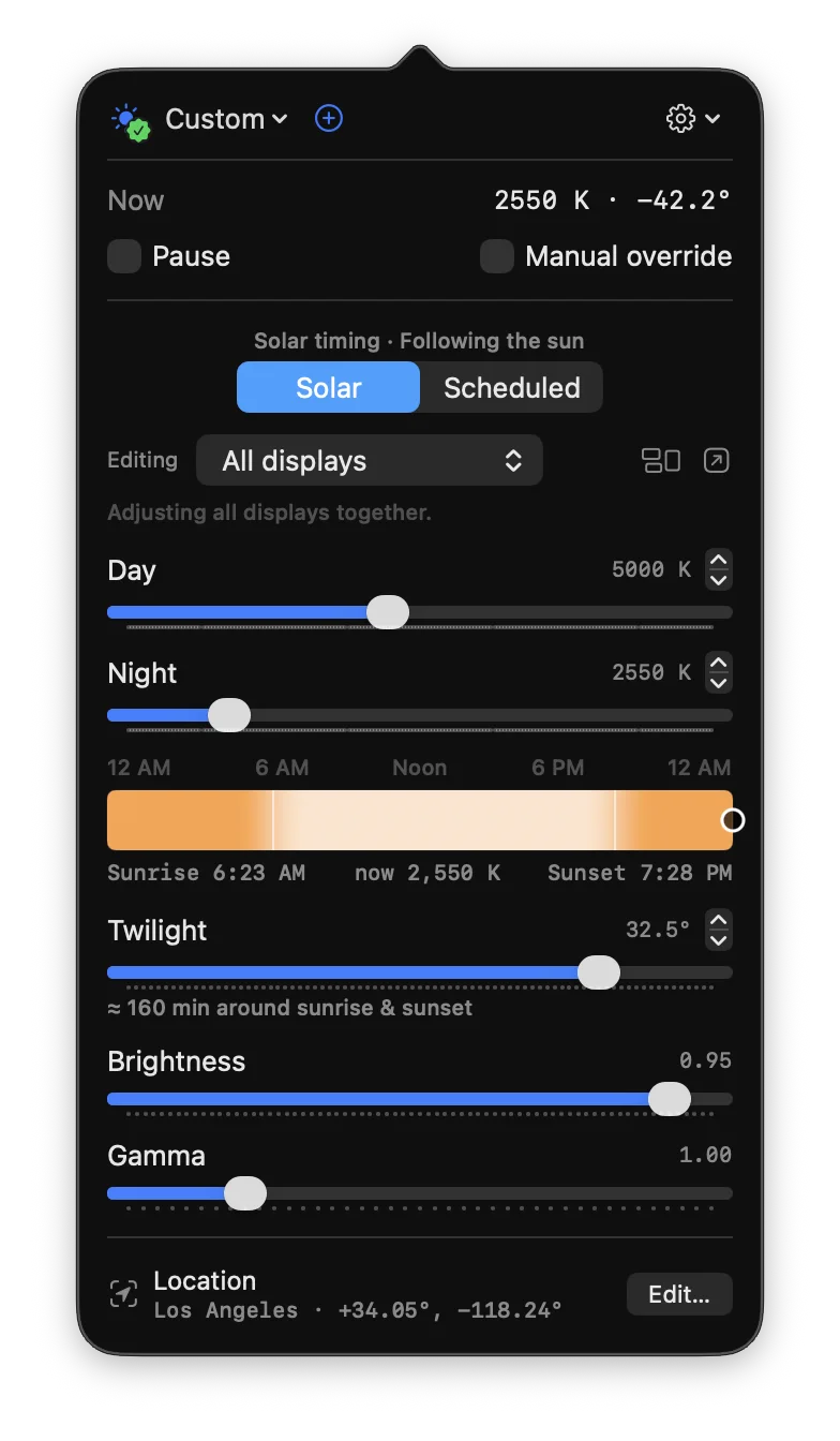 Screen Mercy menu bar popover showing sun altitude, current color temperature, sunrise and sunset, presets, and color, brightness, and gamma controls.