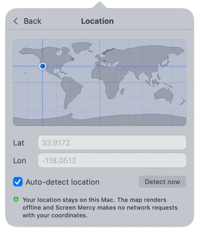 Globe with a target marker centered on the user's coordinates, illustrating that location is set on-device.