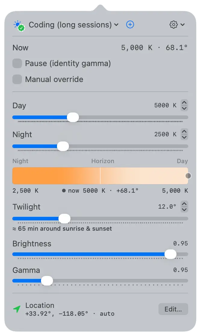 The Screen Mercy main control panel showing temperature, brightness, and gamma controls